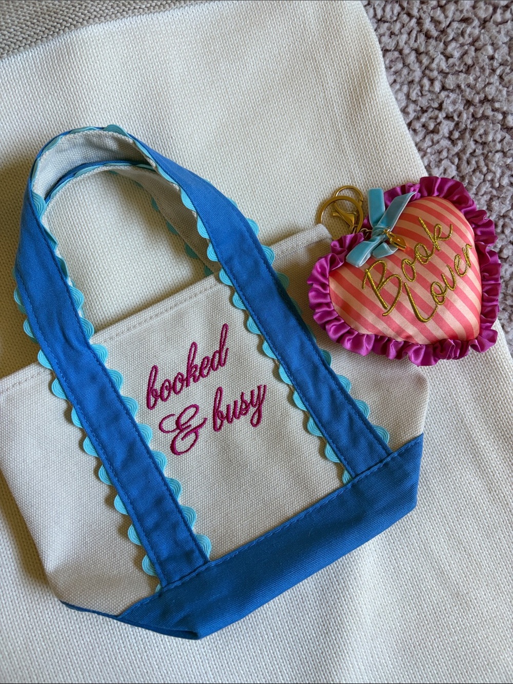 Bookish Analog Mini Canvas Tote with Blue Trim + Pink Heart Charm NWOT